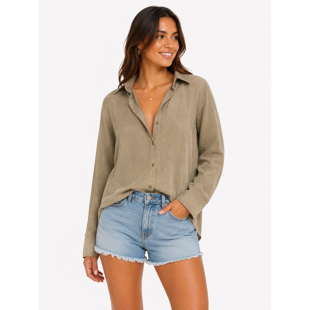 In Due Time‎ Button Down Maternity Large Tan Faux Suede Long Sleeve Blouse Top